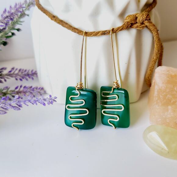 Gold Wire Wrapped Green Agate Stone Earrings and Pendant, Boho Chic, Minimalist - Picture 3 of 11